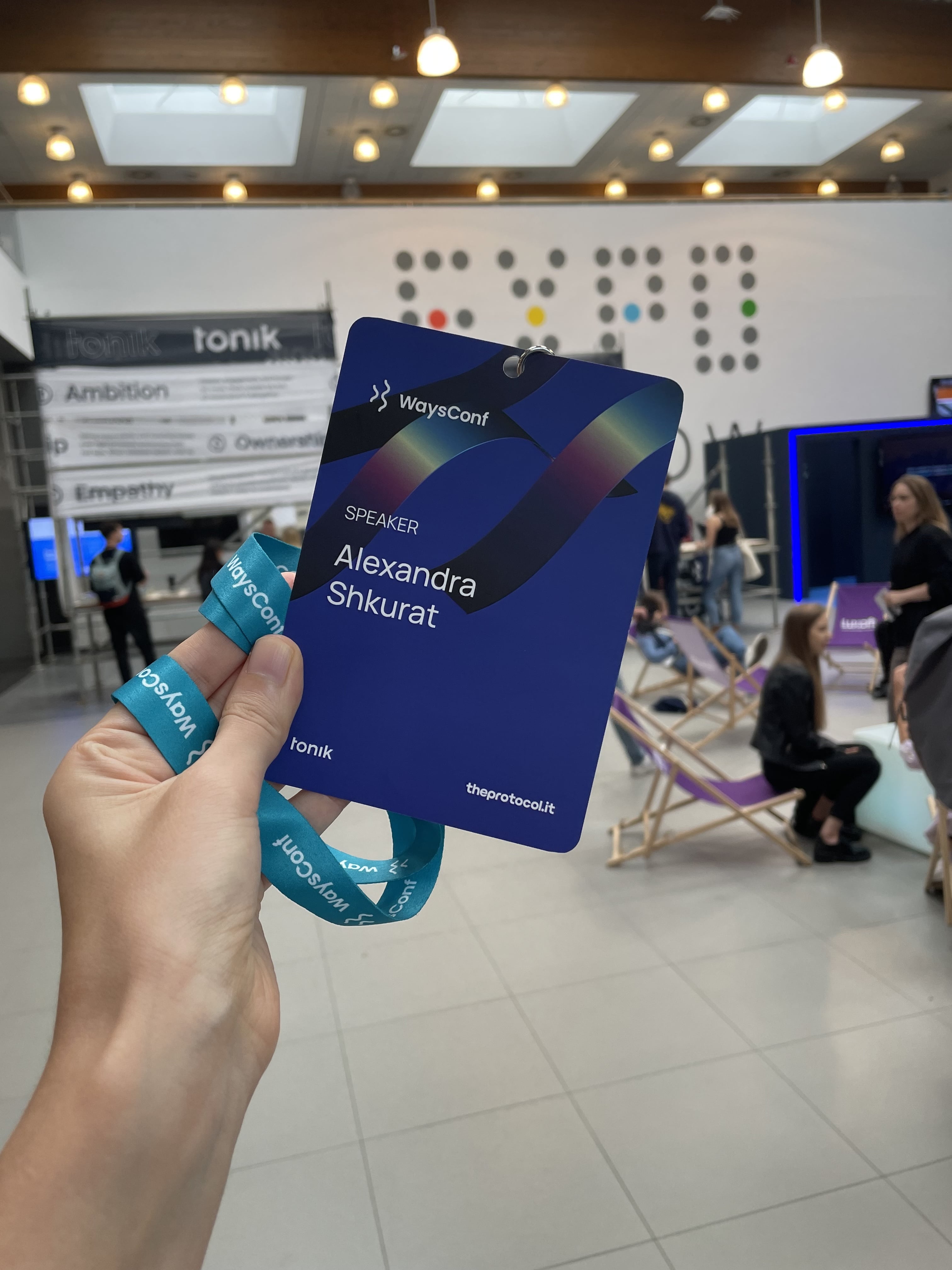 Aleksandra's speaker badge from the WaysConf in 2023
