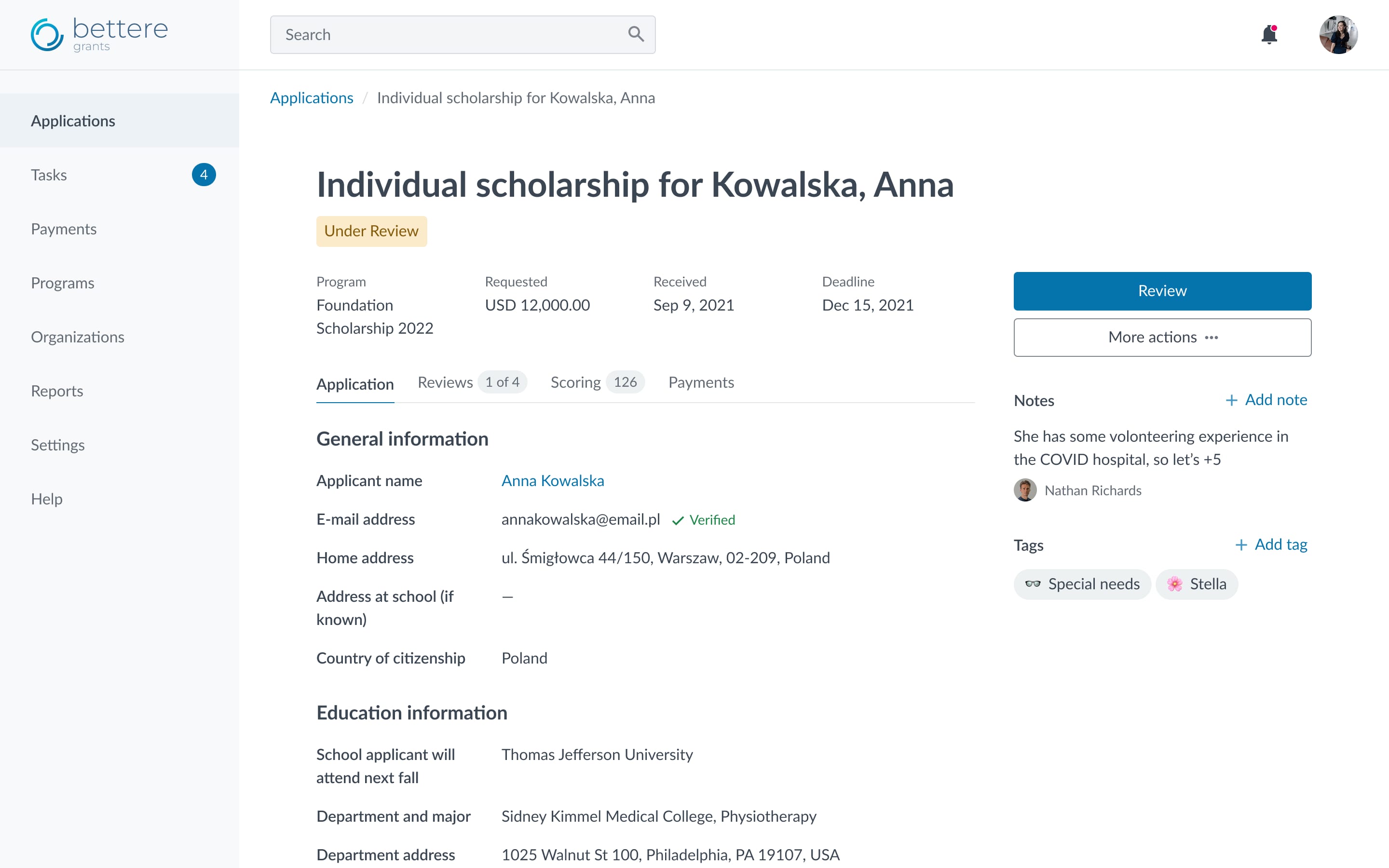 Start page for Grant Managers in the grants management platform