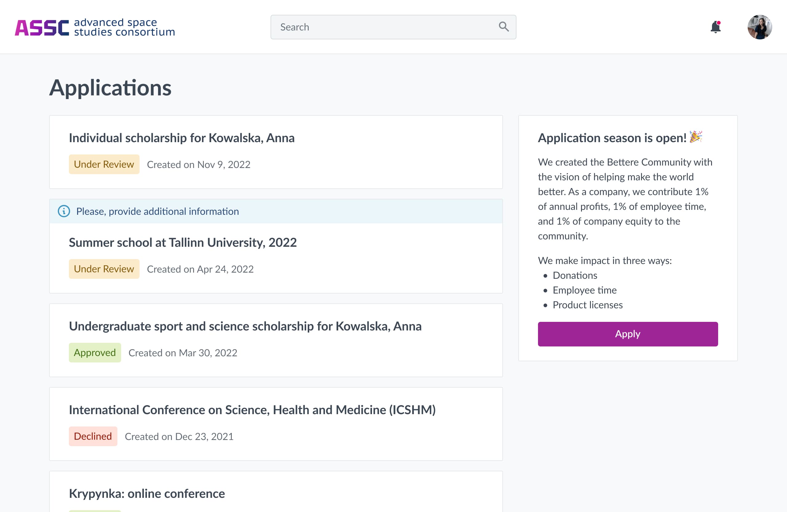 Branded home page for a fictional space research organization