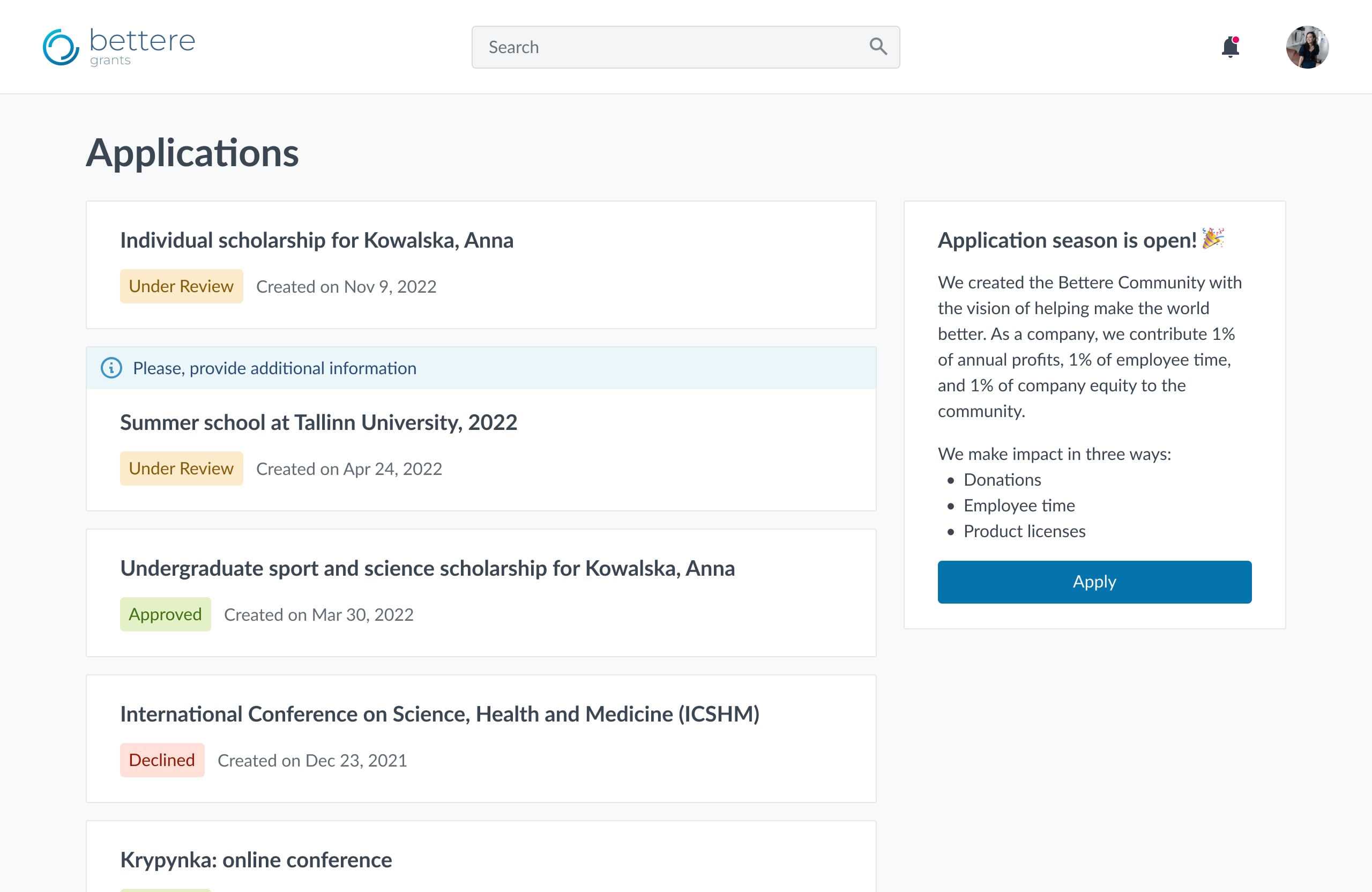 Home page for applicants in the grant management platform