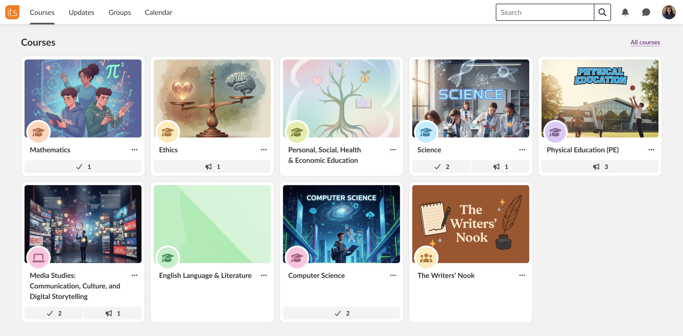 List of courses, course cards are in a 5 column grid