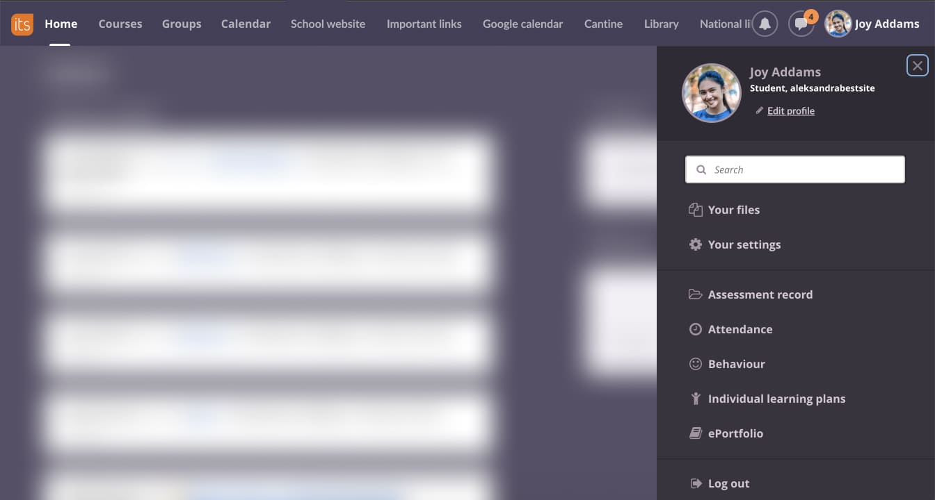 Old inaccessible LMS main navigation with a dark violet background, unlimited number of menu items and low contrast