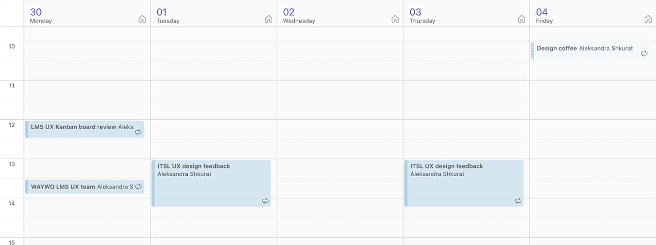 Weekly team rituals in the Teams calendar. Monday: Kanban board reaview and What are you working on. Tuesday and Thursday: design feedback session. Friday: design coffee.