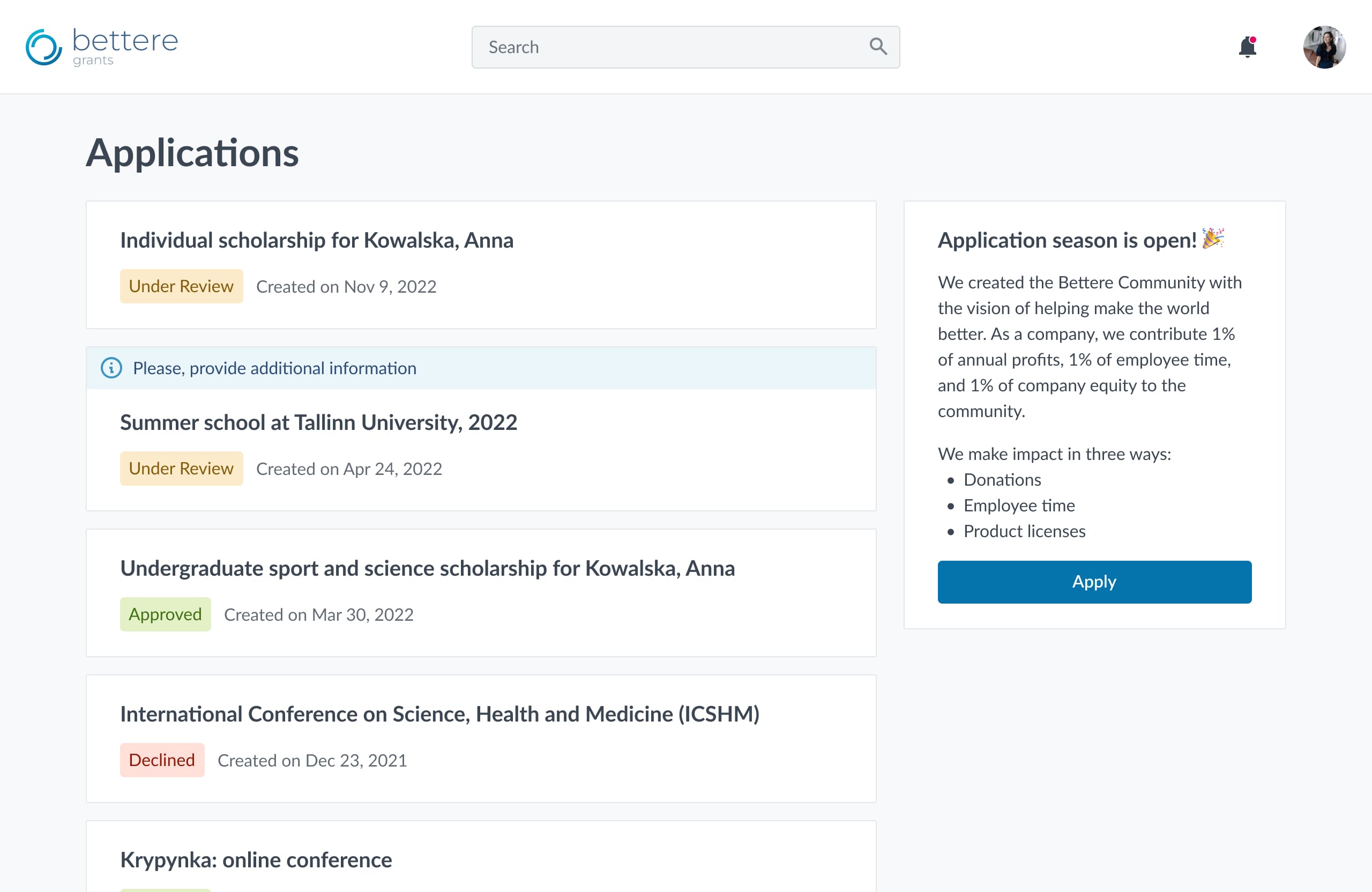Home page of the applicant portal, basic theme