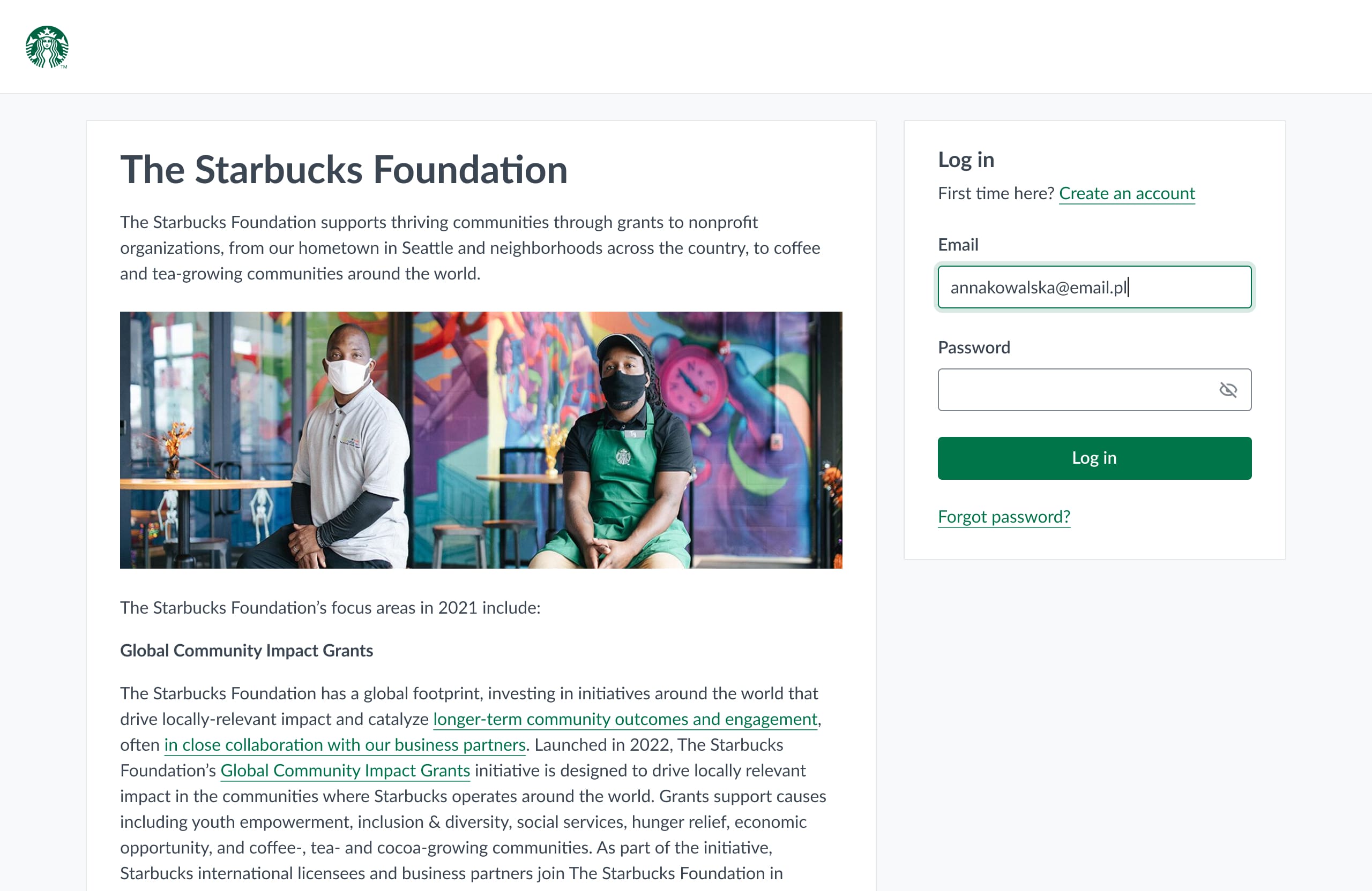 Login page of the applicant portal, a fictional theme for Starbucks